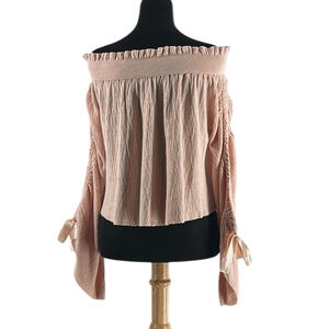 Free people top light pink off the shoulder bow detail flowy sleeves sz xs